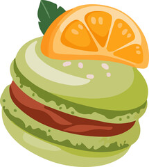 A vibrant green macaron with a light filling, rich chocolate drizzle, white sprinkles, and a juicy orange slice on top, in a cute cartoon style.