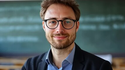 Educator in the Classroom: A Portrait of a Young Teacher in Front of the Chalkboard