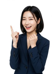 beautiful young woman wearing office clothes with expression has found an idea with hand pointing up happy face