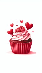 Minimalist watercolor illustration of Red Velvet Cupcakes with Heart Decoration for Valentine s Day