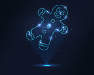 Gingerbread hologram. Futuristic holographic projection of a gingerbread man with glowing energy flux and festive design. Perfect for holiday themes, food illustrations, and celebration concepts