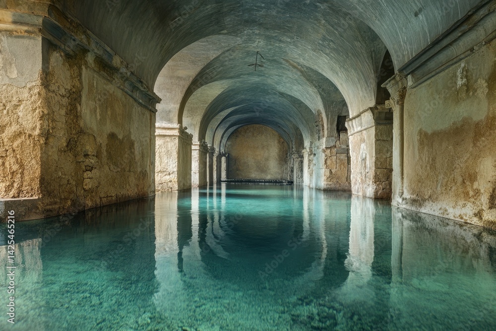Poster reflections on calm water inside an ancient stone structure in a peaceful setting