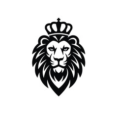 Royal Black Silhouette Vector of Lion Head with Crown and Bold Symmetrical Mane on White Background