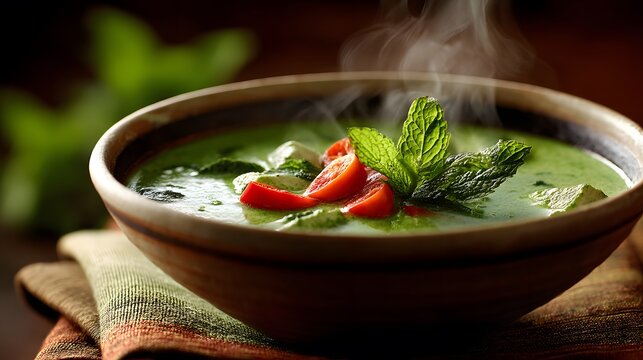 Delicious traditional thai green curry closeup authentic culinary experience indoor handcrafted bowl flavorful herbs