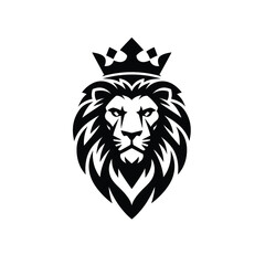 Bold Black Silhouette Vector of Lion Head with Crown and Stylized Mane on White Background