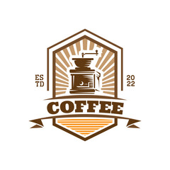Obraz premium Coffee shop vector logo template with grinder icon