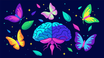 Neon butterflies flutter across a psychedelic brain representing the feelings of euphoria and transcendence often reported by ketamine users..