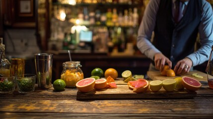 A man is cutting up fruit on a wooden cutting board