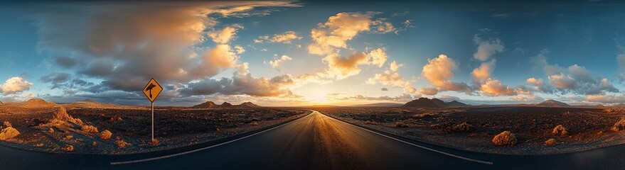 Fototapeta premium A panoramic view of the road leading to Lanzarote, a remote island in Galicia, Portugal, with black lava rocks and red cacti. The landscape is dramatic against the sky at dusk, and there's an open 