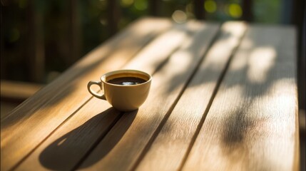 Coffee cup on a wooden table, radiating warmth and simplicity, evoking a sense of calm and morning serenity.