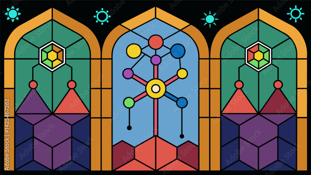 Poster a series of stainedglass windows with ketamine molecules and key designs symbolizing the beauty and 