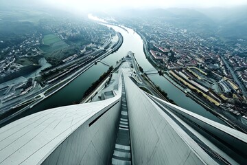 Fototapeta premium Aerial View of City River and Architecture in Foggy Weather