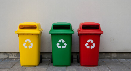 Three trash bins lined up against a plain green wall, each with a different color and a recycling symbol on the front