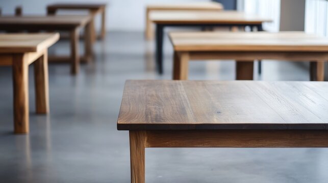 Modern wooden tables in a minimalist cafe setting designed for a tranquil dining experience during daylight hours