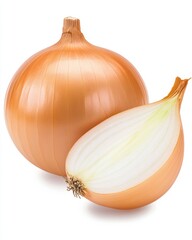Close up view of a whole onion and a halved onion against a white background. The onions are light brown with visible layers. High quality image suitable for culinary or agricultural use.
