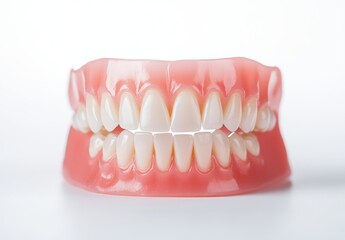 Obraz premium Close up view of a full set of artificial teeth, showcasing bright white and natural looking dental pieces set within pink gumline. The dentures are isolated on a plain white background.