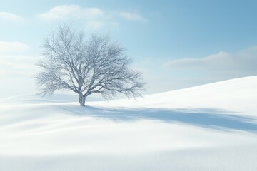 Fototapeta premium Winter landscape with a solitary tree on a snow-covered hill under a clear blue sky