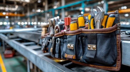 Neatly arranged tools on a technician's belt, showcasing precision and readiness for skilled craftsmanship.