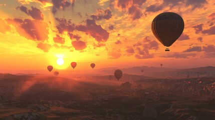 Photorealistic image of hot air balloons flying over Cappadocia at sunrise, dramatic colorful sky, detailed rocky landscape.
