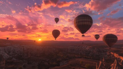 Photorealistic image of hot air balloons flying over Cappadocia at sunrise, dramatic colorful sky, detailed rocky landscape.