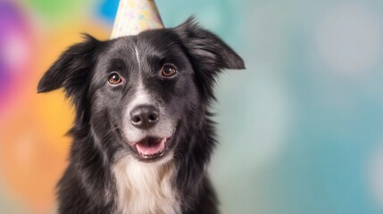 Dog in party hat beams with joy, celebrating life's simple pleasures.