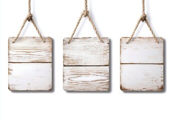 Three rustic whitewashed wooden signs hang from knotted ropes against a bright white background. Blank space for text or design.