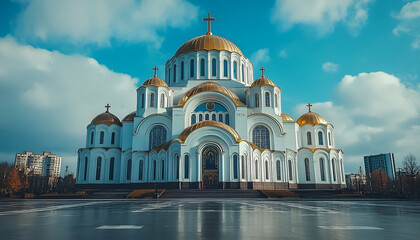 Fototapeta premium Modern cityscape reflection serene urban architecture