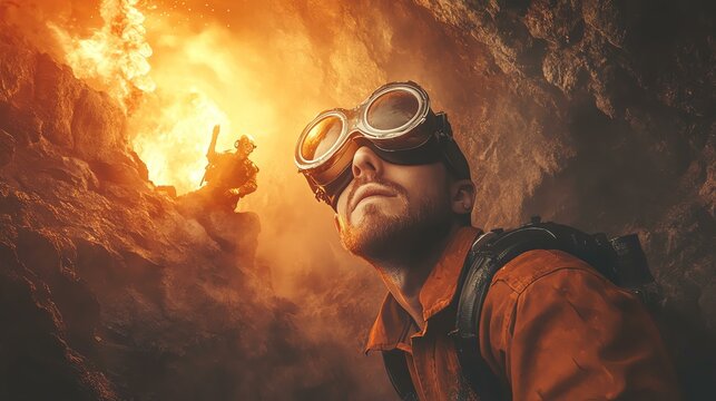 Adventurer exploring underground cavern, intense scene.