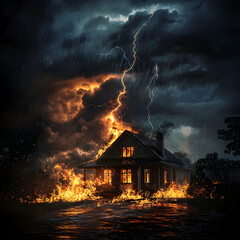 A family house in a stormy town struck by lightning, engulfed in flames amid fierce winds and heavy rain, with dramatic clouds and chaos, capturing nature&rsquo;s destructive power.