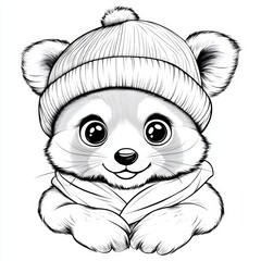 Adorable cartoon red panda wearing a knitted hat and scarf, looking happy. Black and white illustration style.