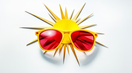 Pair of yellow sunglasses with red lenses are sitting on top of a yellow sun. The sunglasses are positioned to look like they are looking at the sun. Concept of warmth and relaxation