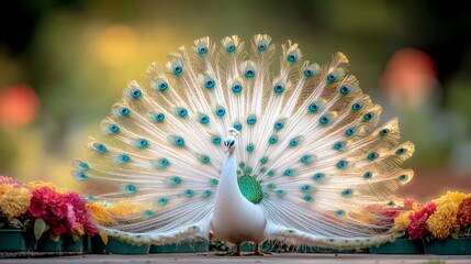 Beautiful white and blue peacock with its tail spread out. The peacock is standing in front of a colorful flower arrangement © Nataliia_Trushchenko