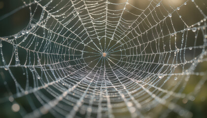 Obraz premium A close-up of a spider web adorned with morning dew.