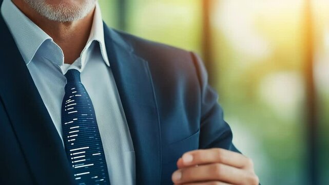 The Confident Executive: A close-up shot of a distinguished gentleman, clad in a stylish business suit, exudes confidence and professionalism in a soft-focus, sun-kissed atmosphere. 