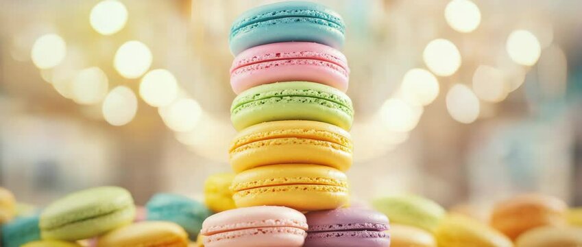 Tower of Delight: A colorful stack of macarons in vibrant hues takes center stage, surrounded by an array of tempting treats and a soft, blurred background.