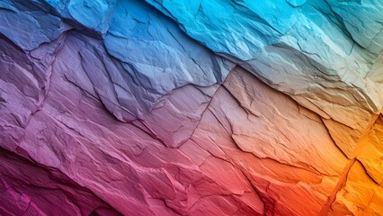 Fototapeta premium A textured surface with layered, colorful rock formations transitioning from blue to purple to orange. Concept Textured Rock Formations, Color Transition, Blue to Purple, Orange Highlights