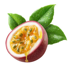 Isolated transparent Vibrant passionfruit tropical fruit half-cut, juicy passionfruit tropical fruit half-cut, exotic refreshing passionfruit tropical fruit half-cut, PNG die-cut or white background