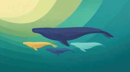 Obraz premium Colorful Abstract Illustration of Whales Swimming in Ocean Waters