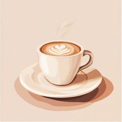 Obraz premium A stylized illustration of a white coffee cup with latte art on a matching saucer on a plain background