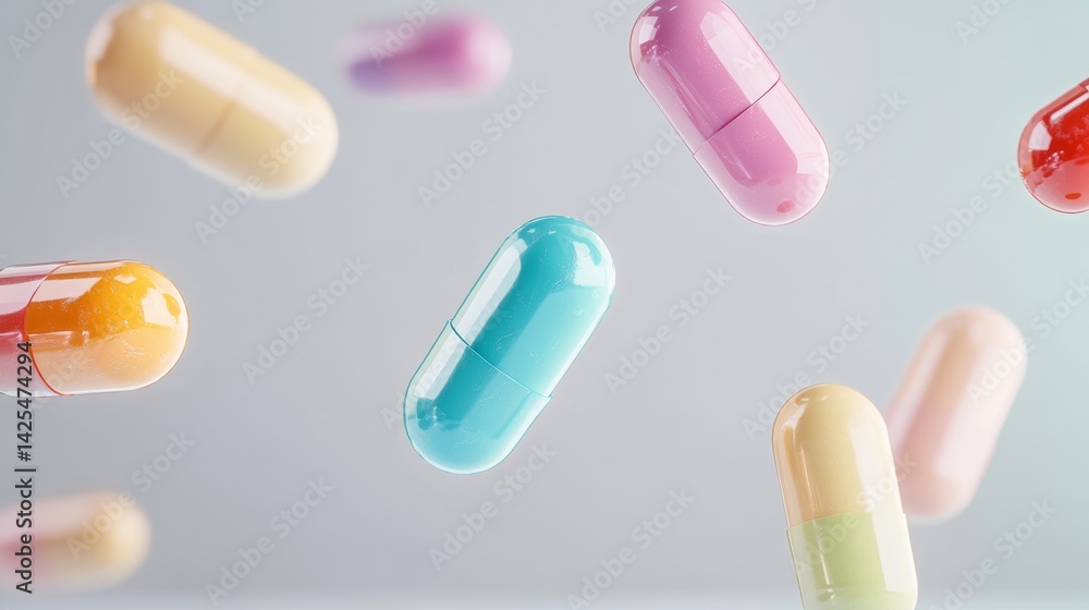 Poster colorful array of pills are flying through the air. the pills are of different colors and sizes, and