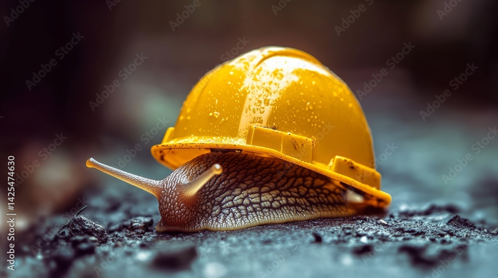 Poster small yellow helmet sits on top of a large brown slug. the image is playful and whimsical, with the 
