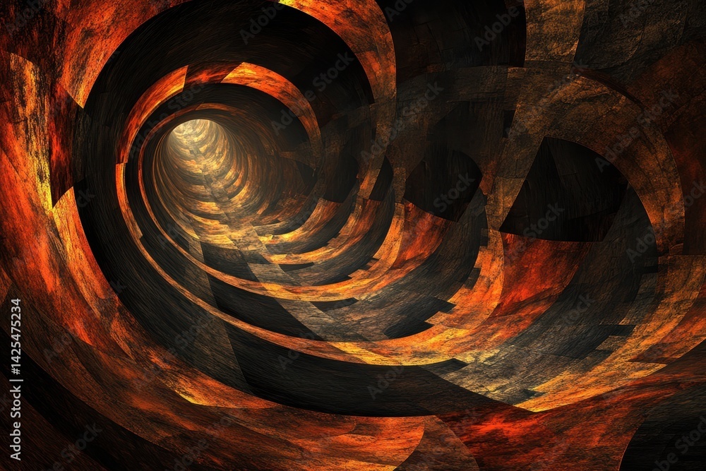 Poster abstract spiral design with warm colors and dynamic textures in a tunnel-like formation