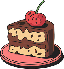 A cartoon slice of chocolate cake with a cherry on top.