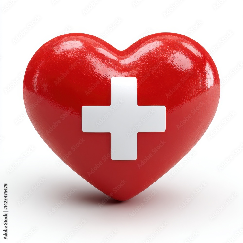 Poster red heart with cross symbol centered isolated on white background