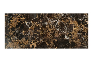 Fragment of dark brown marble slab with golden veins and white streaks is isolated.