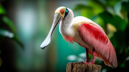 Pink bird with a long beak is perched on a log. The bird is standing on a green background