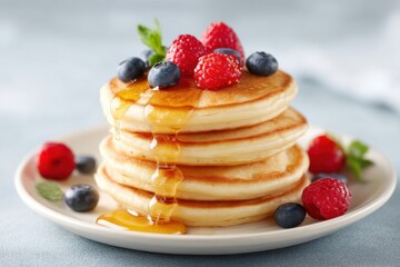 Delicious stack of fluffy pancakes with fresh berries and syrup