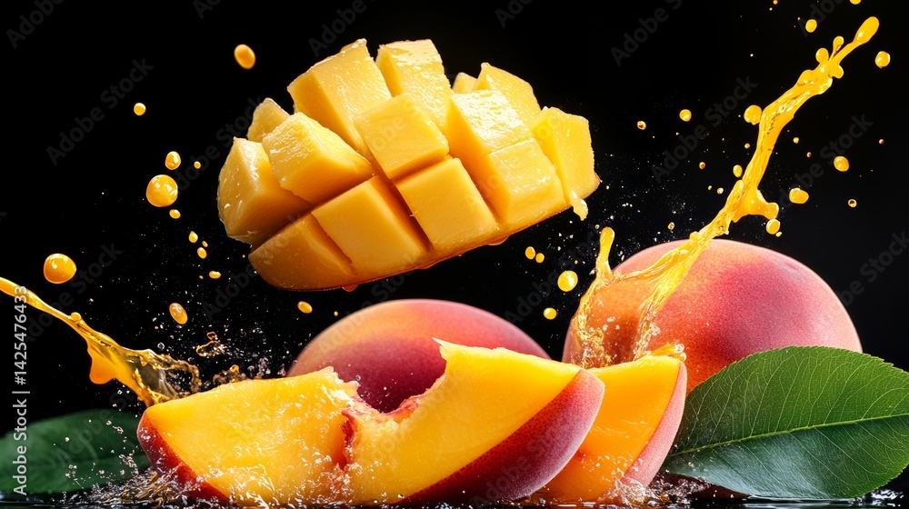 Poster slice of mango is surrounded by a splash of juice. the juice is splashing out of the mango, creating