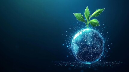 One Abstract Sprouting Plant on Earth Globe. Eco-friendly and Sustainability Development Concept on Blue Futuristic Background. Low Poly Wireframe Vector Illustration with Glowing Connected Dots.