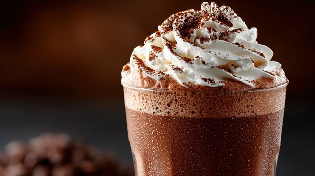 The image features a tall, clear glass filled with a frothy iced cappuccino, topped with a swirl of whipped cream and dusted with cocoa powder